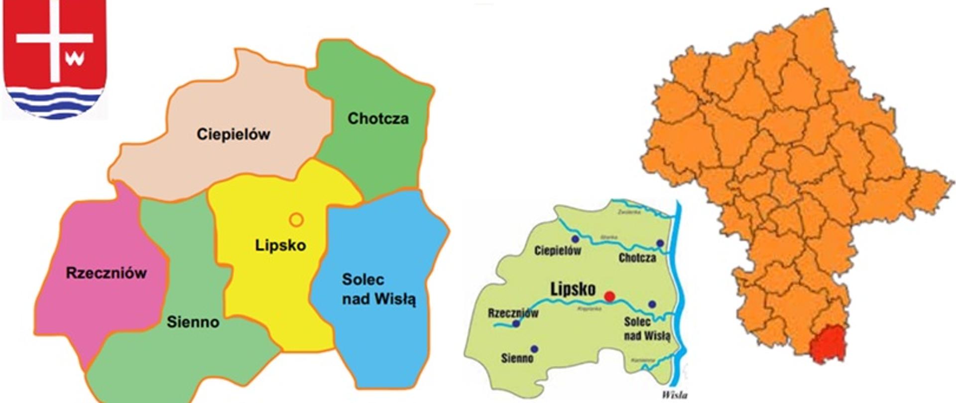 Mapa powiatu lipskiego z podziałem na gminy, wskazaniem położenia w województwie oraz przedstawiono herb powiatu lipskiego