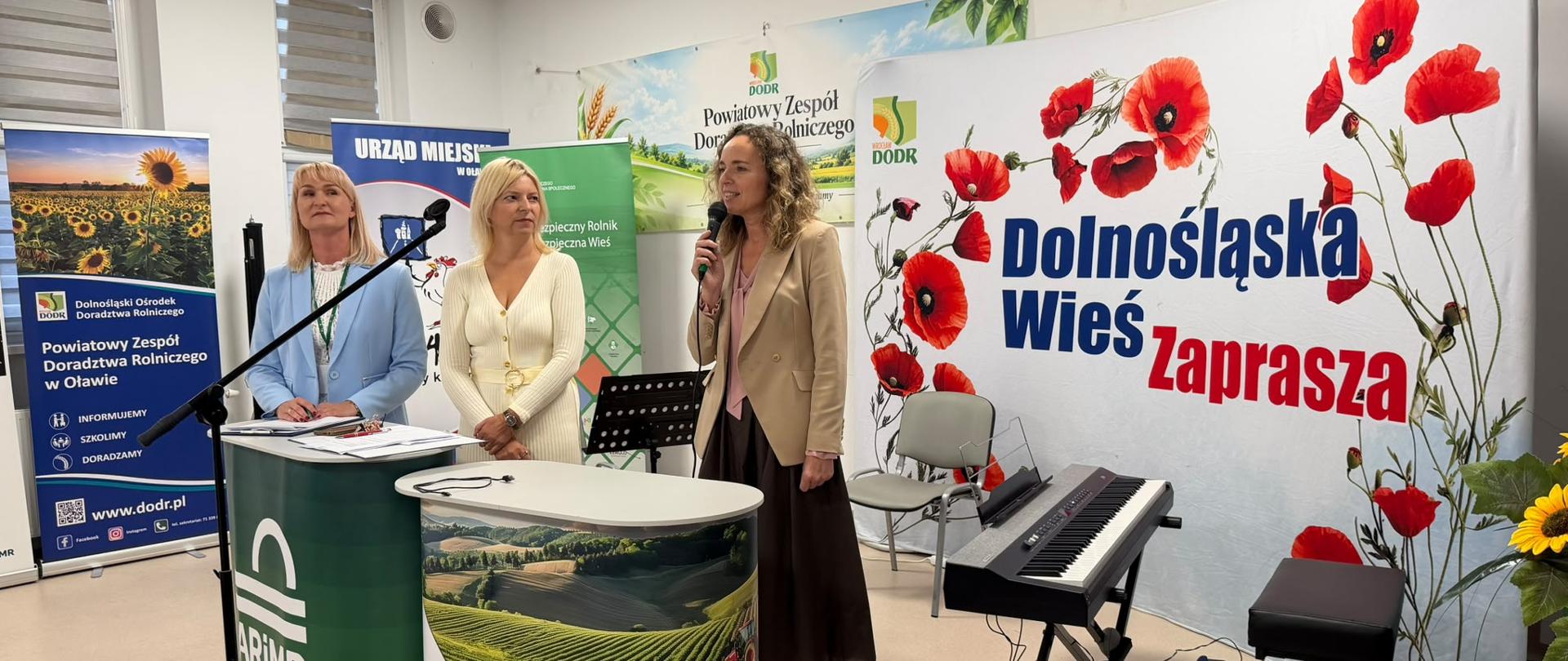 Uczestniczki klubowego spotkania z dolnośląską wsią stojące przy banerach reklamowych z mówcą. 