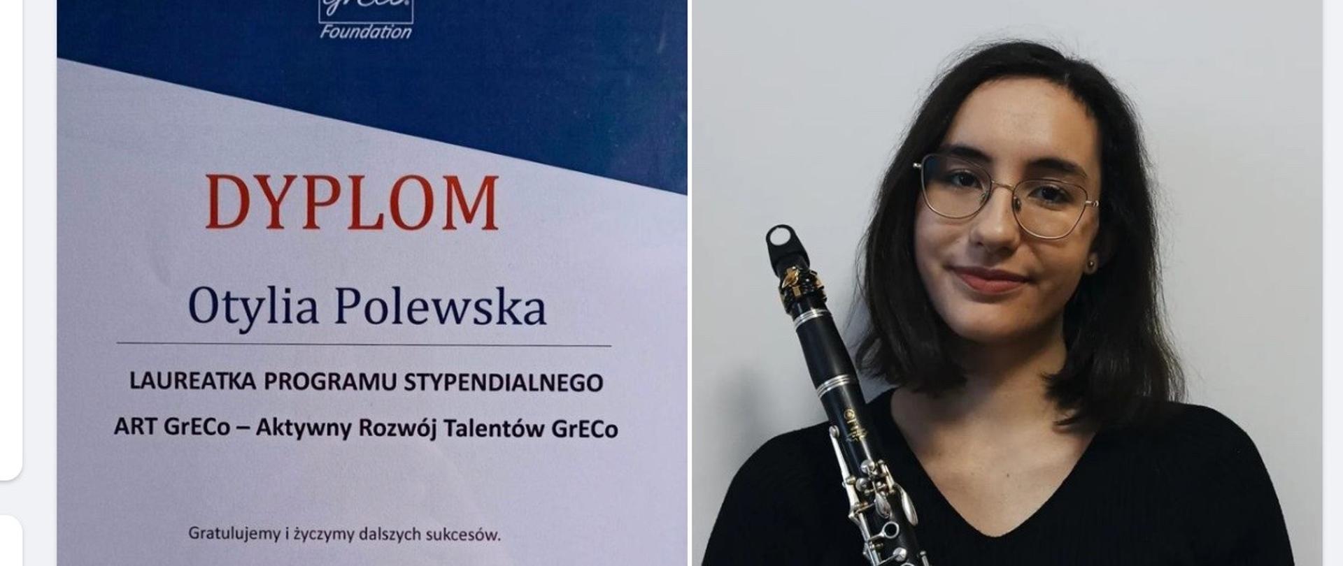 Zdjęcie przedstawia dyplom Laureata po lewej stronie i po prawej Otylię Polewską z klarnetem ubraną na czarno