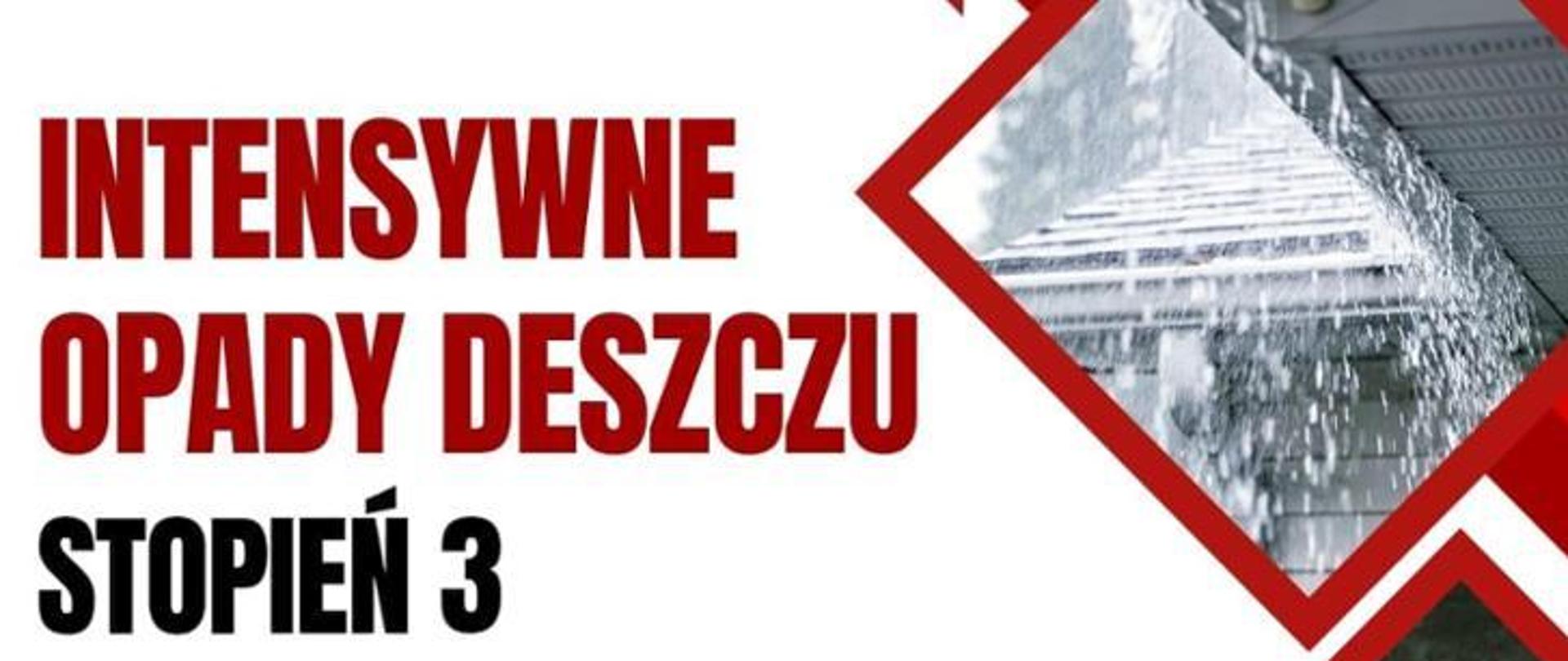 Na grafice znajduje się komunikat ostrzegawczy o intensywnych opadach deszczu trzeciego stopnia. Po lewej stronie umieszczono duży napis „Intensywne opady deszczu – stopień 3”, natomiast po prawej widoczne jest zdjęcie przedstawiające silny deszcz spływający z dachu budynku. Grafika ma charakter ostrzegawczy i informuje o występowaniu bardzo intensywnych opadów mogących powodować lokalne zagrożenia.