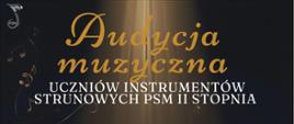 Plakat koncertu z ciemnym, granatowo-złotym tłem i snopem światła padającym z góry na cztery stojące obok siebie skrzypce. U góry złoty napis „Audycja muzyczna”, poniżej biały tekst „Uczniów instrumentów strunowych PSM II stopnia”. Na dole informacja: „2 marca godzina 18:30 | Prowadzenie: Piotr Cebula”. W tle delikatne nuty i logo PSM w lewym górnym rogu.