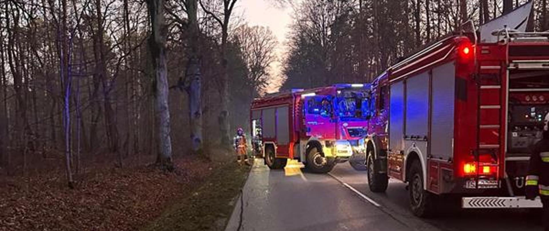 Działania ratowniczo-gaśnicze podczas pożaru samochodu na drodze wojewódzkiej w miejscowości Czernica