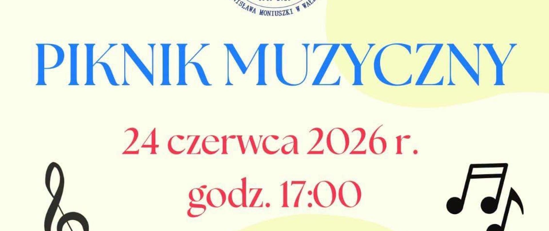 Żywy i dynamiczny plakat zapraszający na Piknik Muzyczny, zorganizowany w ramach 80-lecia szkoły muzycznej. Wydarzenie zaplanowano na 24 czerwca 2026 r. o godzinie 17:00 w budynku szkoły przy ul. Piętnastolecia 24. Dolną część grafiki wypełnia kolorowa kompozycja instrumentów muzycznych (perkusja, gitary, klawisze, mikrofon, głośnik) i nut na jasnożółtym tle z ozdobnymi liniami. Na górze znajduje się logo 80-lecia szkoły.