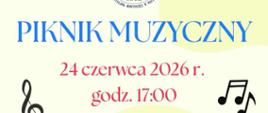 Żywy i dynamiczny plakat zapraszający na Piknik Muzyczny, zorganizowany w ramach 80-lecia szkoły muzycznej. Wydarzenie zaplanowano na 24 czerwca 2026 r. o godzinie 17:00 w budynku szkoły przy ul. Piętnastolecia 24. Dolną część grafiki wypełnia kolorowa kompozycja instrumentów muzycznych (perkusja, gitary, klawisze, mikrofon, głośnik) i nut na jasnożółtym tle z ozdobnymi liniami. Na górze znajduje się logo 80-lecia szkoły.