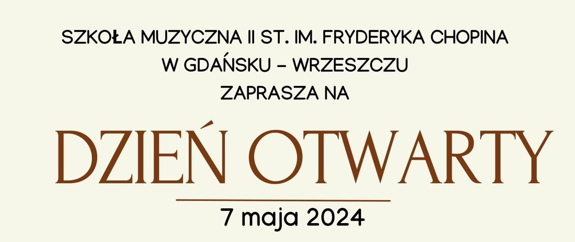 Plakat informujący o Dniu Otwartym Szkoły Muzycznej II st., który odbędzie się 7 maja 2024 o godzinie 16.30.