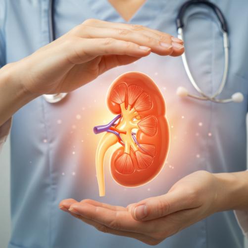 Grafika nerki w kolorze pomarańczowym. W tle osoba w niebiesko-białym fartuchu ze stetoskopem na szyi osłania dłońmi z góry i z dołu promieniejącą nerkę.