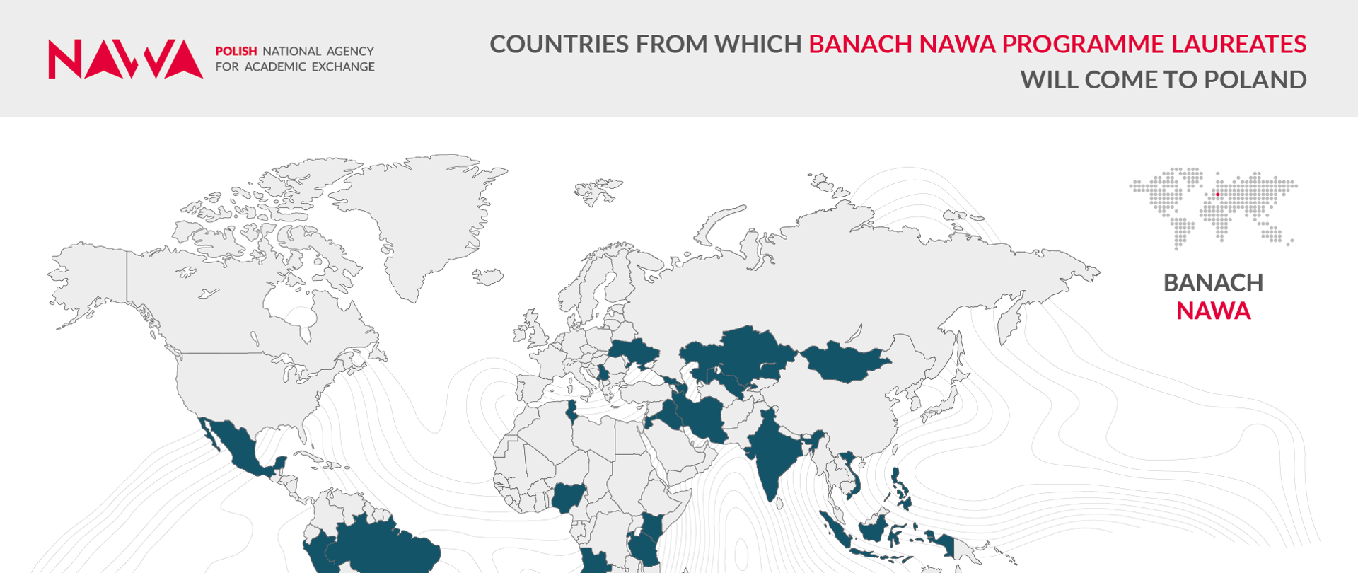 Map of countries from which Banach NAWA programme laureates will come to Poland