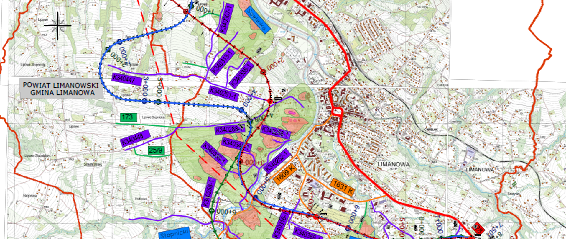 Mapka z trzema przebiegami obwodnicy Limanowej w ciągu DK28,