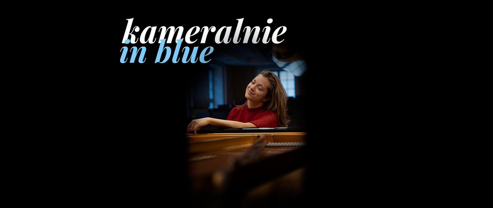 Grafika przedstawia Irenę Kiełbasińską i prezentuje napis: kameralnie in blue