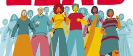 To jest plakat na Światowy Dzień AIDS 2023. Zawiera on grupę różnorodnych ludzi idących razem z tekstem “Let Communities Lead” w kolorze czerwonym. Plakat zawiera również logo UNAIDS i symbol czerwonej wstążki na rzecz walki z AIDS .