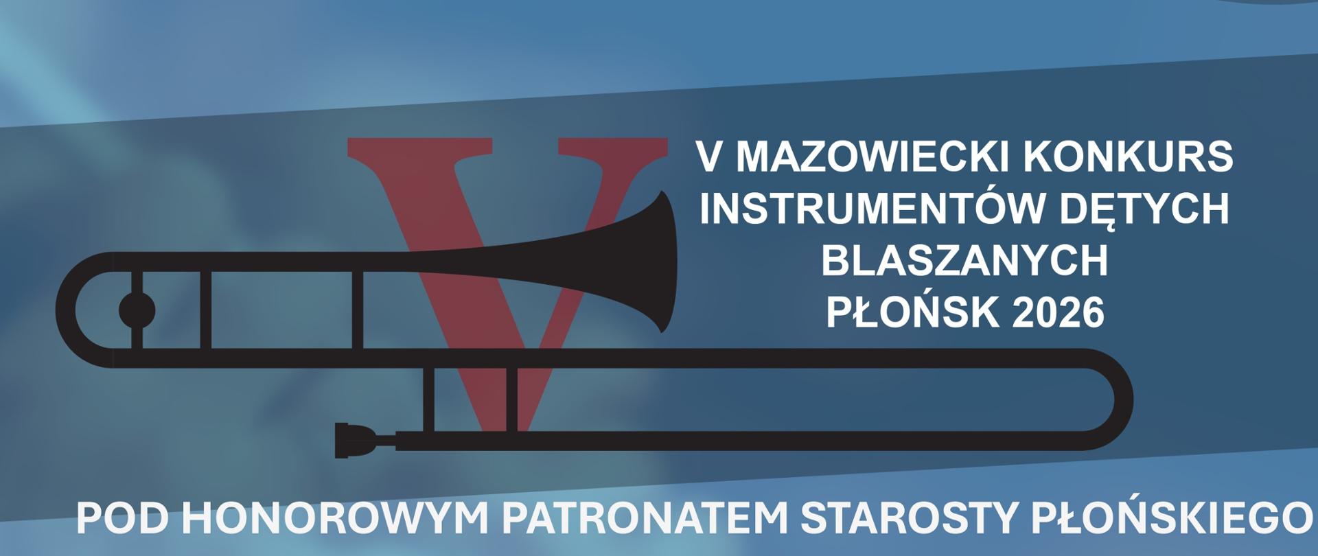 Plakat przedstawia dużą czerwoną cyfrę rzymską V a na niej jest czarny duży puzon. Wszystko jest na granatowo-niebieskim tle.