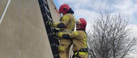 Na zdjęciu strażacy wchodzą po drabinie