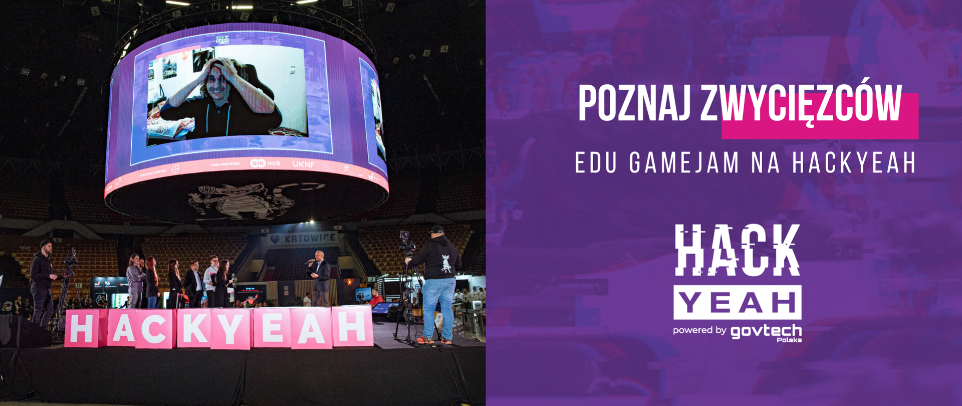 Poznaj zwycięzców Edu GameJam na HackYeah. Zdjęcie ze sceny oraz logotyp hackyeah powered by govtech.