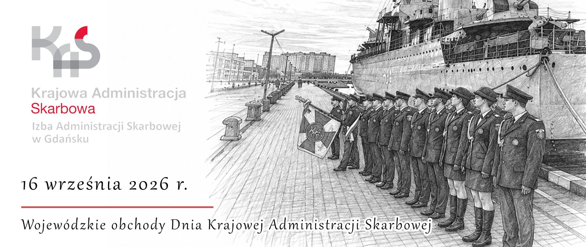 Grafika dotycząca wydarzenia, prezentująca funkcjonariuszy stojących ze sztandarem przed ORP Błyskawica w Gdyni. 