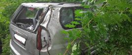 Na zdjęciu znajduje się samochód w rowie wśród krzaków