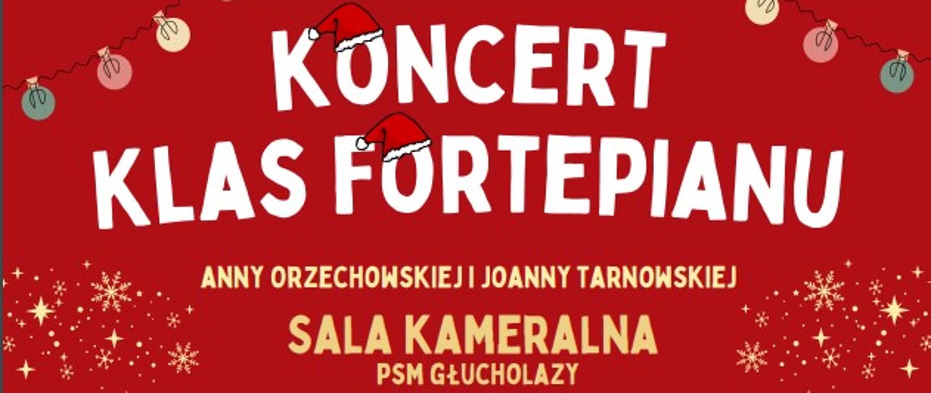 Plakat czerwone tło na dole rysunek klawiatury fortepianów po bokach rysunki udekorowanych choinek z prezentami powyżej czarne Nutki pięciolinie gwiazdki sylwestrowe oraz ozdobne lampiony koncert klas fortepianu literki o przykryte czapeczkami Mikołajów Anny Orzechowskiej i Joanny Tarnowskiej sala kameralna PSM Głuchołazy 18 grudnia 2024 godzina 16:30 klasy młodsze godzina 17:00 klasy starsze poniżej białe duże logo centralnie umieszczone według ustalonego znaku
