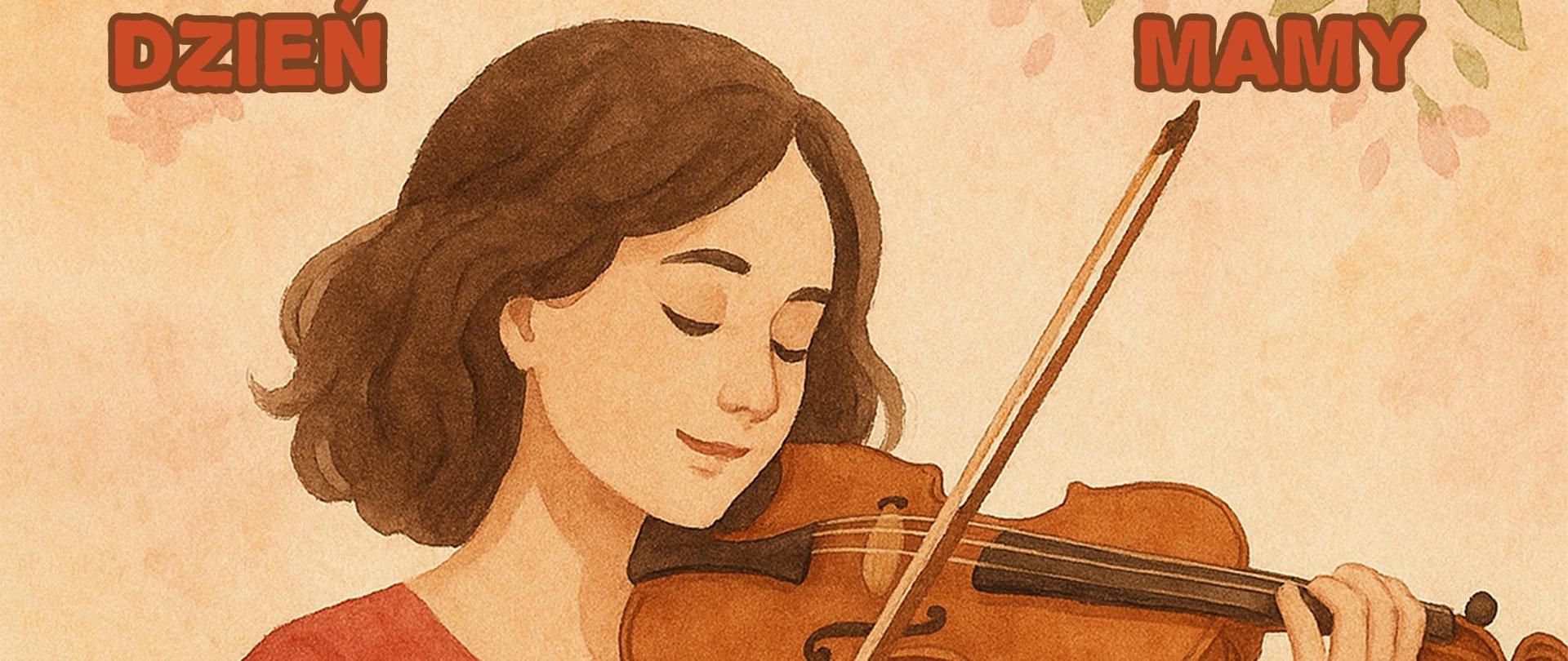 Plakat w pionie informujący o koncercie z okazji Dnia mamy, który odbędzie się 27.05.2025 o godzinie 16:30. Głównym elementem plakatu jest rysunek młodej dziewczyny, grającej na skrzypcach. Obok niej delikatne rysunki róż. U góry plakatu dużymi literami KONCERT, pośrodku imiona artystów, dalej program koncertu. Litery w kolorystyce stonowanej czerwieni i czerni. 