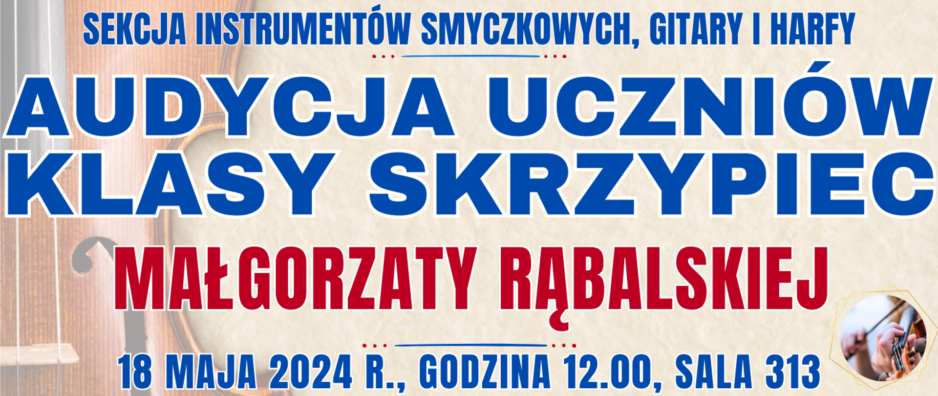 kolorowe tło z widocznymi skrzypcami oraz informacja o wydarzeniu
