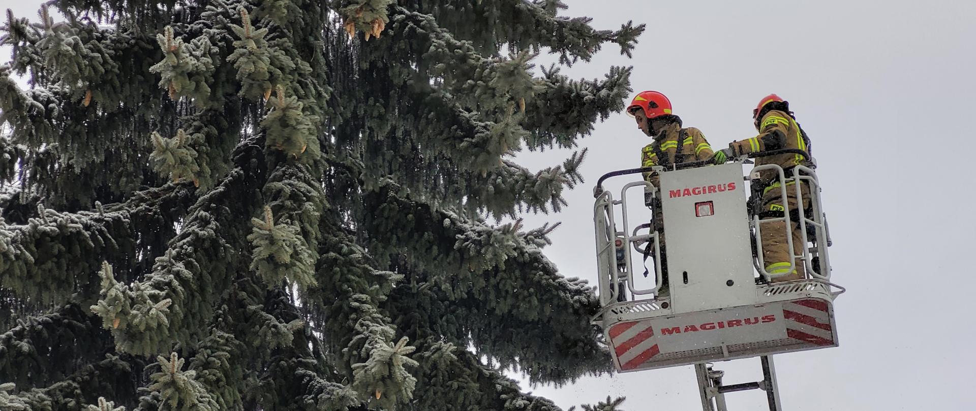 Strażacy pracujący w koszu drabiny mechanicznej