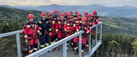 Strażacy na tarasie widokowym podczas pamiątkowego zdjęcia z miejsca ćwiczeń.