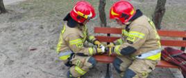 Zdjęcie przedstawia strażaków, którzy uwalniają ptaka, który zaplątał się o sznurek. Strażacy przy ławce osiedlowej uwalniają ptaka. 