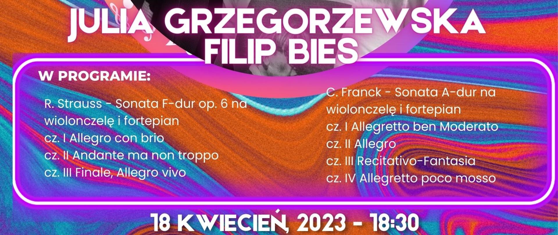 W tle rozlana farba w kolorach fuksji, niebieskiego i pomarańczu. Na pierwszym planie zdjęcie artystów otoczone białymi nutkami. W treści informacje o koncercie. Na dole logotypy szkoły muzycznej, sali koncertowej oraz Unii europejskiej