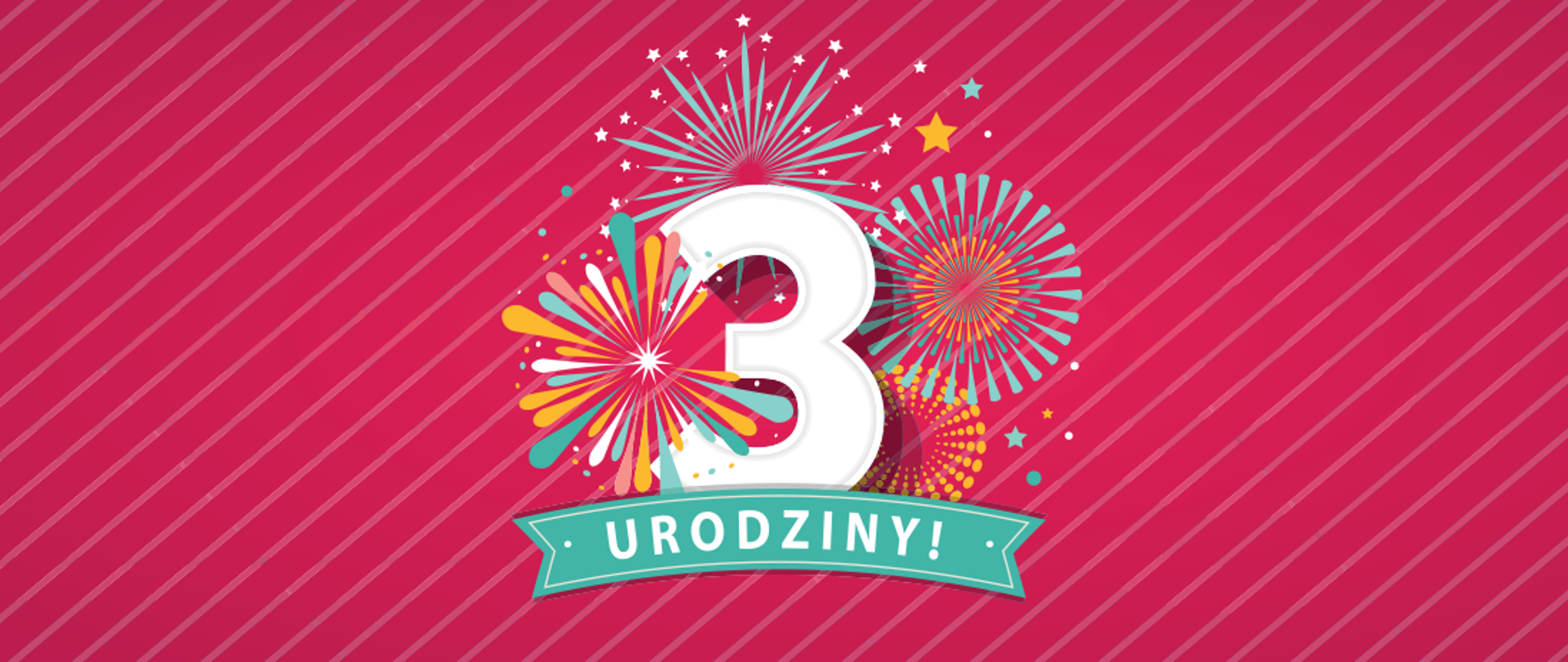 Baner przedstawiający cyfrę 3 oraz podpis URODZINY! Wokół cyfry fajerwerki.
