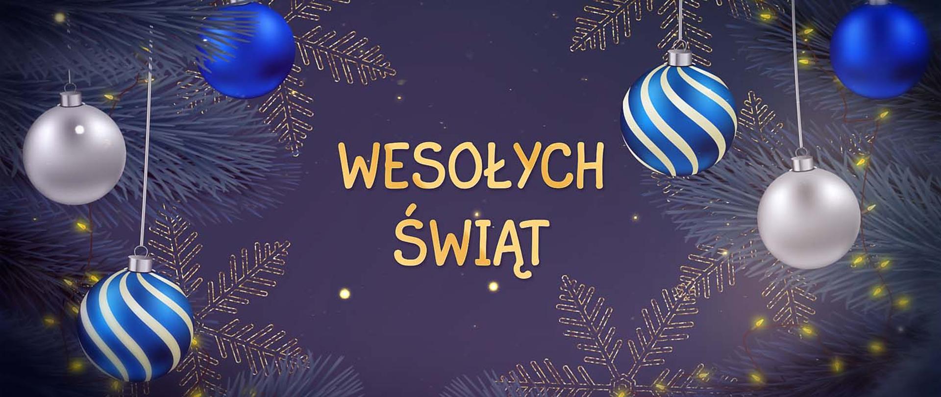 Na fioletowo niebieskim tle fragmenty gałązek choinki i rysunki płatków śniegu, na ich tle sześć bombek choinkowych a po środku napis wesołych świąt.