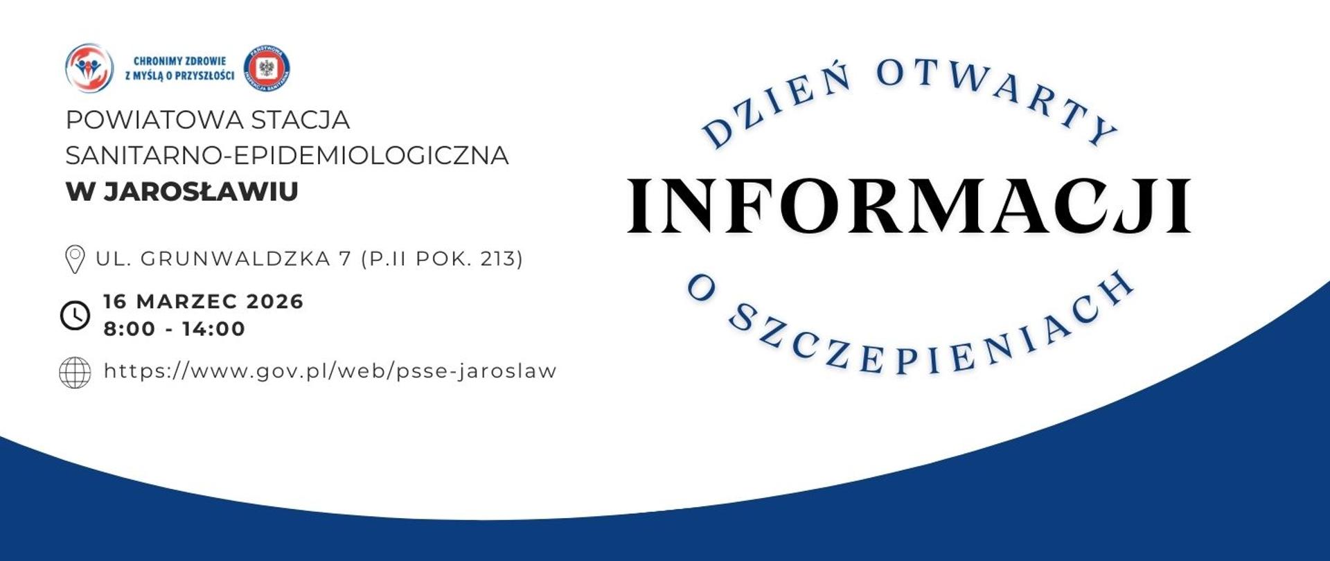 Plakat informujący o Dniu Otwartym Informacji o Szczepieniach w Powiatowej Stacji Sanitarno-Epidemiologicznej w Jarosławiu, 16 marca 2026 r., godz. 8:00–14:00