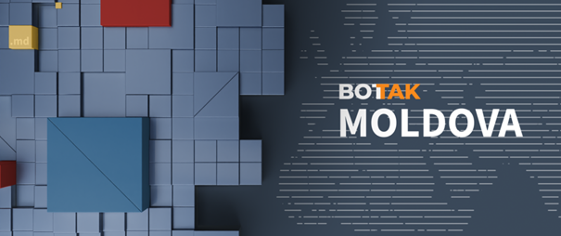 Grafika z napisem „BOTAK MOLDOVA” przedstawiona na tle stylizowanej mapy oraz abstrakcyjnych, geometrycznych bloków w odcieniach niebieskiego, szarości i czerwieni.