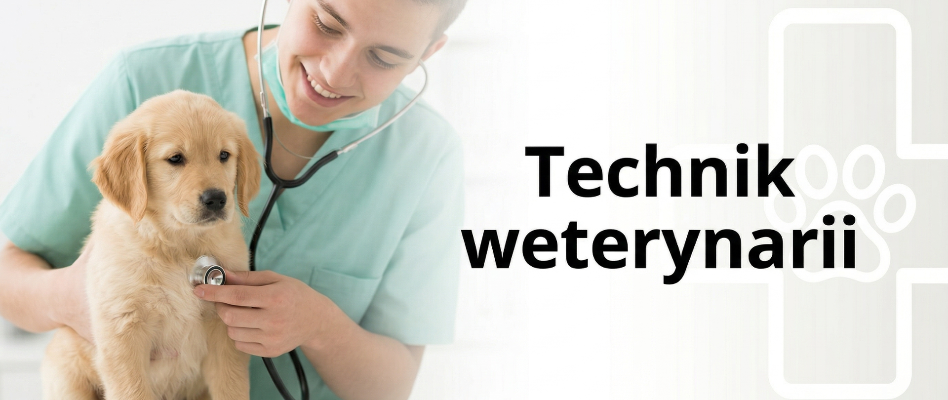 Baner promujący kierunek technik weterynarii. Po lewej stronie uśmiechnięty młody mężczyzna w zielonym stroju medycznym bada stetoskopem szczeniaka rasy golden retriever. Po prawej stronie widnieje napis „Technik weterynarii” oraz ikona psiej łapy wpisanej w krzyż medyczny.