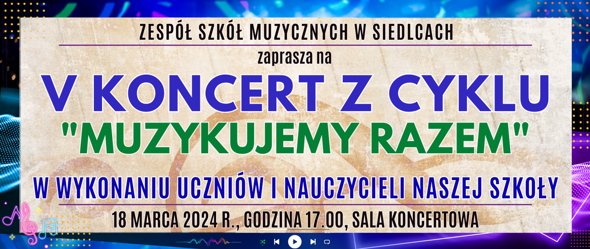 kolorowe tło z muzycznymi elementami typu clipart oraz informacja o wydarzeniu