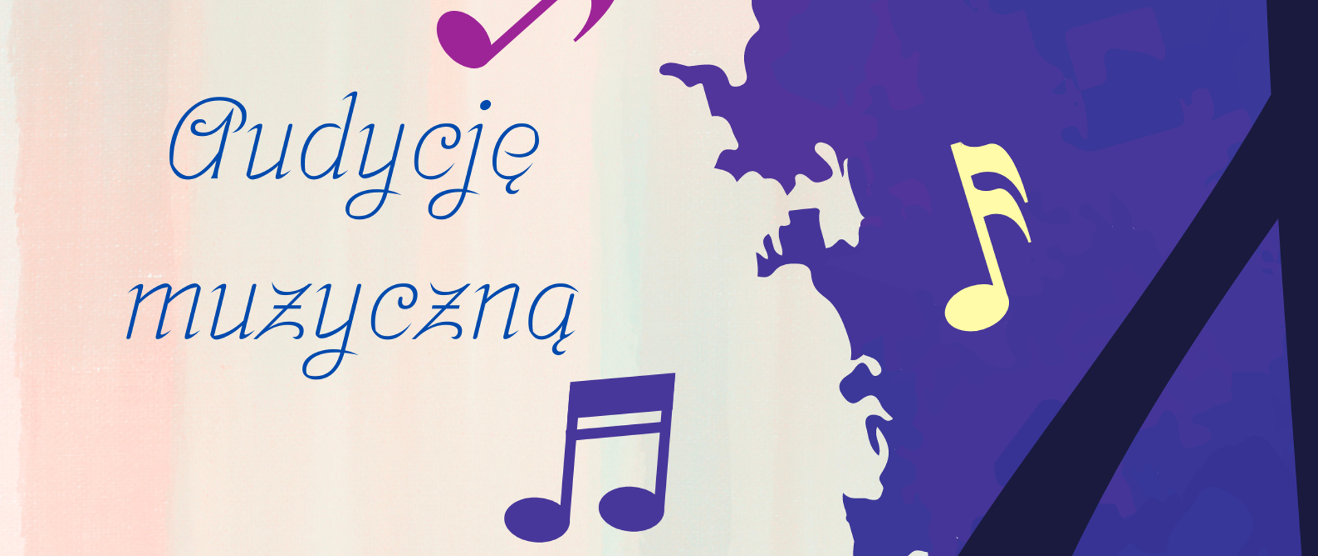 Plakat, tło podzielone na dwie nierówne części w pionie. Po lewej stronie na błękitno-różowym tle informacje terminie i miejscu audycji muzycznej z okazji 30 rocznicy śmierci Witolda Lutosławskiego. Pomiędzy tymi informacjami kilka kolorowych nut. Po prawej stronie na ciemnofioletowym tle część klucza wiolinowego. 