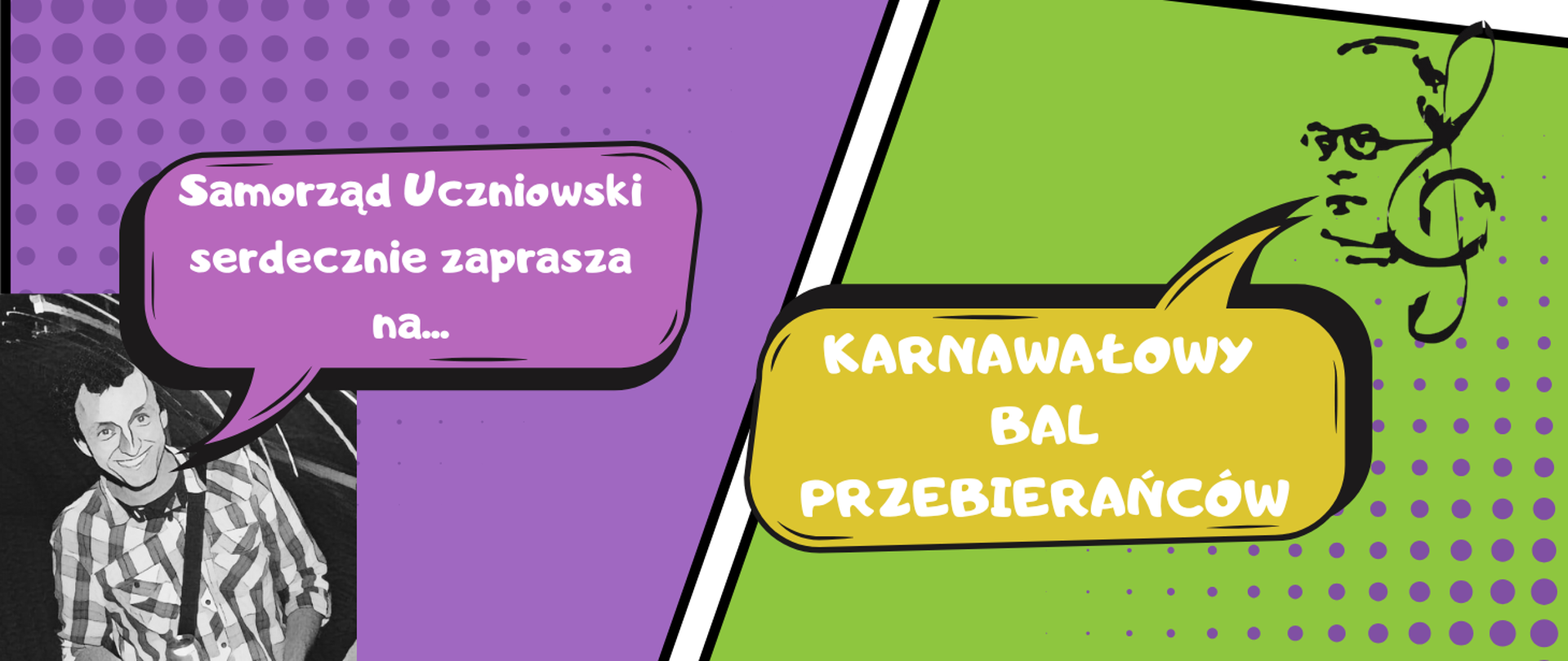 grafika z napisem Samorząd Uczniowski zaprasza na Bal Karnawałowy