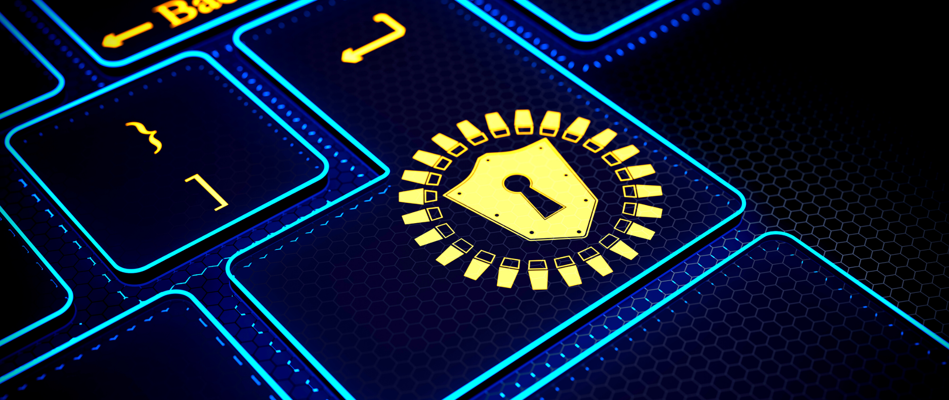 Grafika - żółta kłódka otoczona żółtymi elementami symbolizującym cyberbezpieczeństwo na granatowym, "cyfrowym" tle.