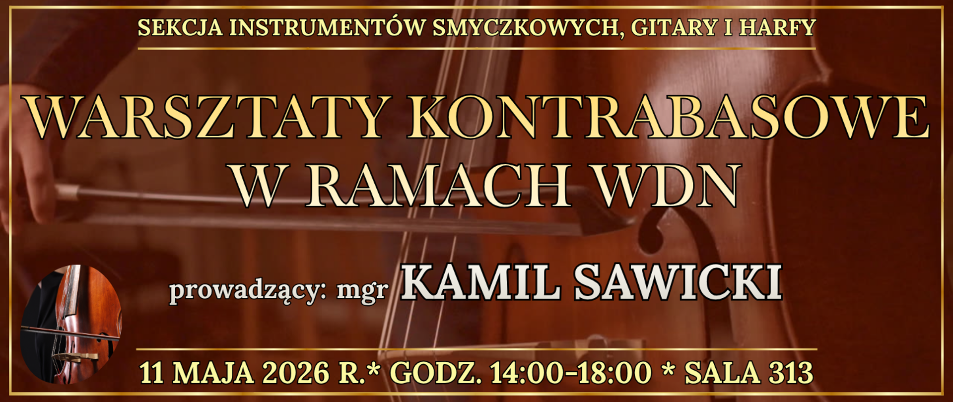 ciemny baner ze złotą ramką w tle osoba grająca na kontrabasie oraz informacja o wydarzeniu