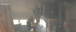 Na zdjęciu widać dwóch strażaków, którzy gaszą pożar trocin będących w zbiorniku. Jeden strażak stoi na drabinie nasadkowej, drugi Go asekuruje.