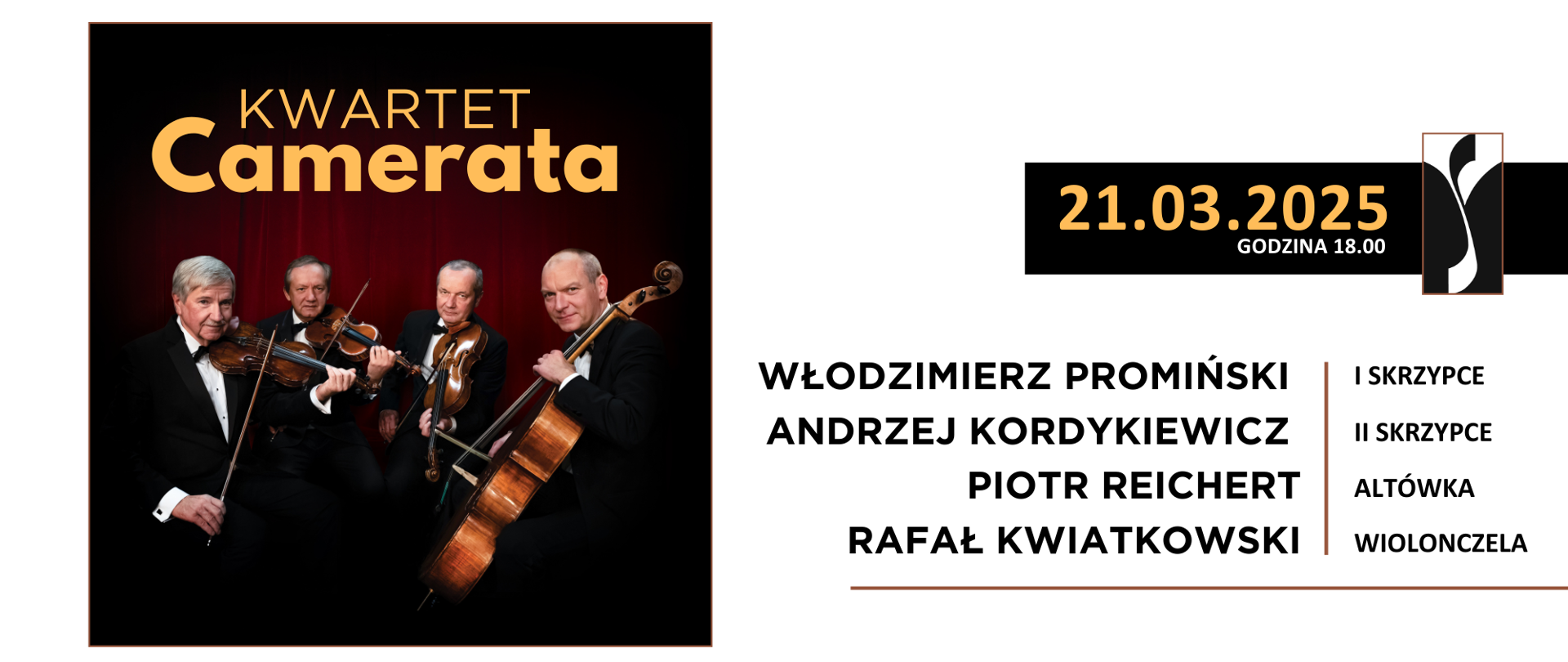 Na białym tle poziomego plakatu po lewej stronie umieszczone jest zdjęcie przedstawiające osoby wykonawców w trakcie gry na instrumentach. Po prawej stronie na górze umieszczona jest data i godzina koncertu na czarnym tle, w które wkomponowane jest logo szkoły. Poniżej podany jest skład Cameraty z podziałem na instrumenty. 