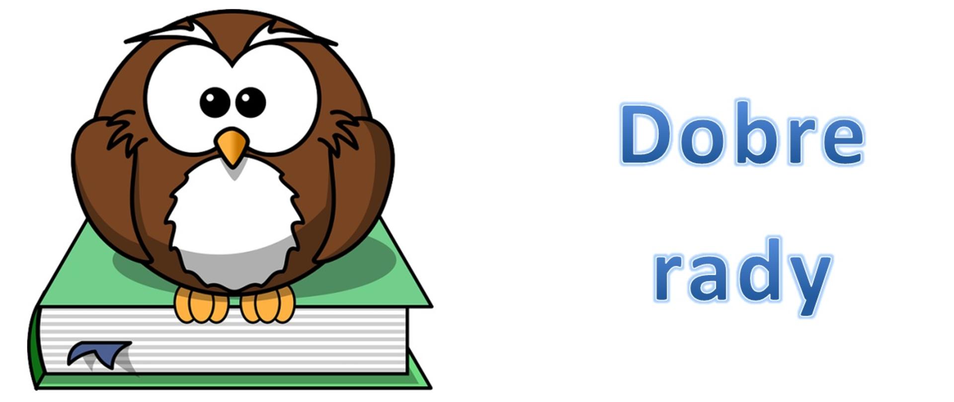 Fotografia przedstawia kreskówkową sowę siedzącą na książce.i niebieski napis dobre rady.