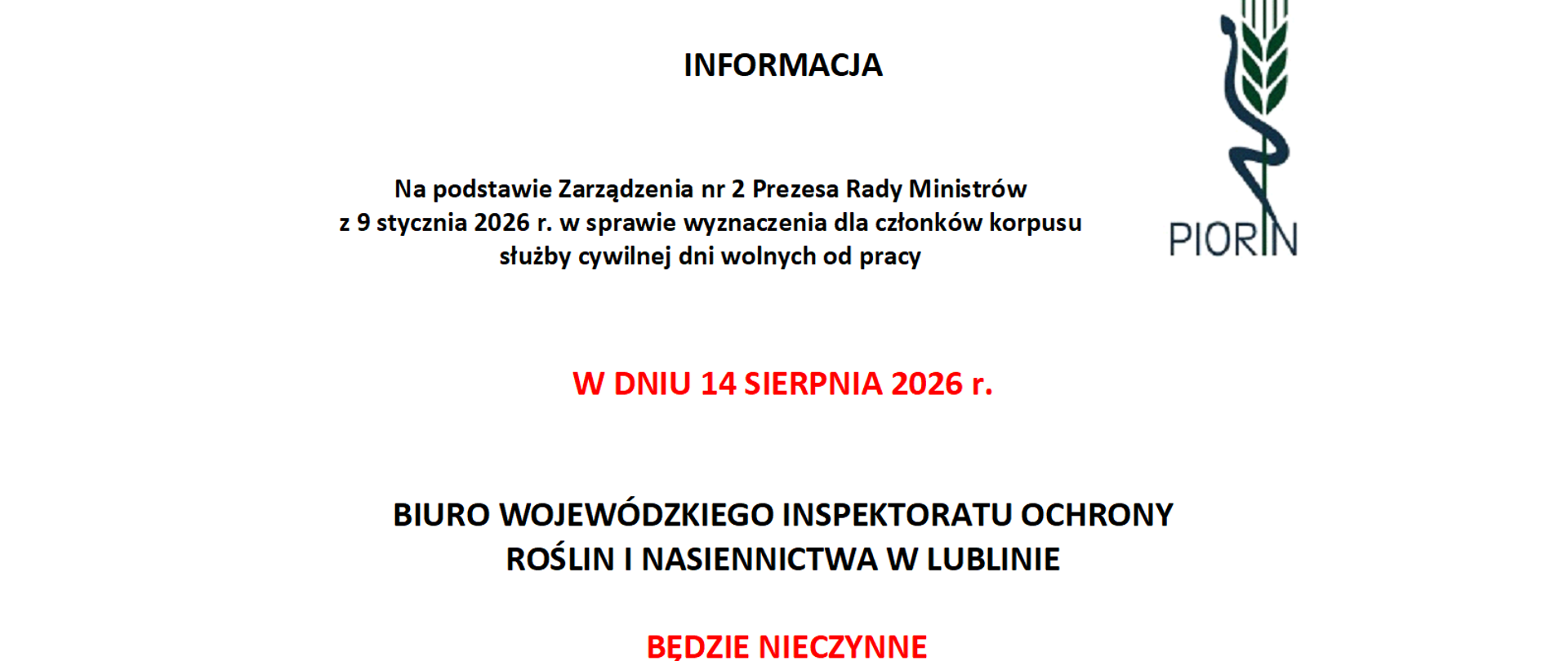 Tekst z informacją o dniu wolnym od pracy 14 sierpnia 2026 roku. W prawym górnym rogu logo PIORiN (Państwowa Inspekcja Ochrony Roślin i Nasiennictwa)