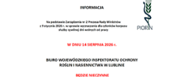 Tekst z informacją o dniu wolnym od pracy 14 sierpnia 2026 roku. W prawym górnym rogu logo PIORiN (Państwowa Inspekcja Ochrony Roślin i Nasiennictwa)