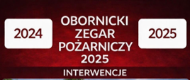 Obornicki zegar pożarniczy porównujący dane z lat 2024 i 2025. Grafika podzielona na trzy sekcje: interwencje, pożary oraz miejscowe zagrożenia. Tłem są zdjęcia z akcji strażaków. Całość utrzymana w czerwono-bordowej kolorystyce. 