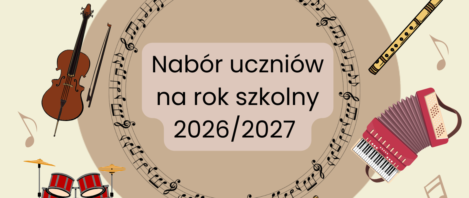 Beżowe tło z kolorowymi ilustracjami instrumentów, czarne nuty i litery 