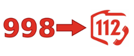 Zdjęcie przedstawia na białym tle czerwone numery 998 strzałkę oraz w konturach granic Polski 112