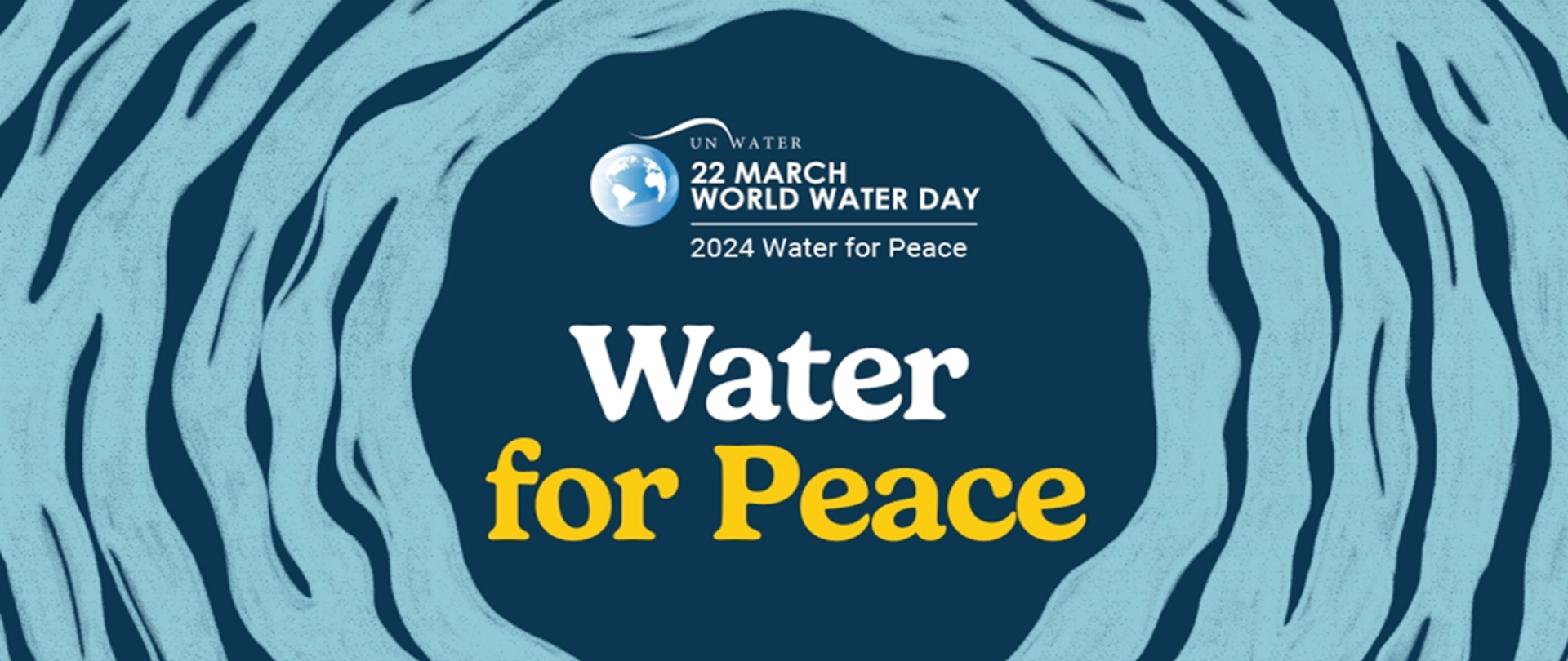 niebieski baner, w tle symboliczna woda i napis po angielsku Światowy Dzień Wody