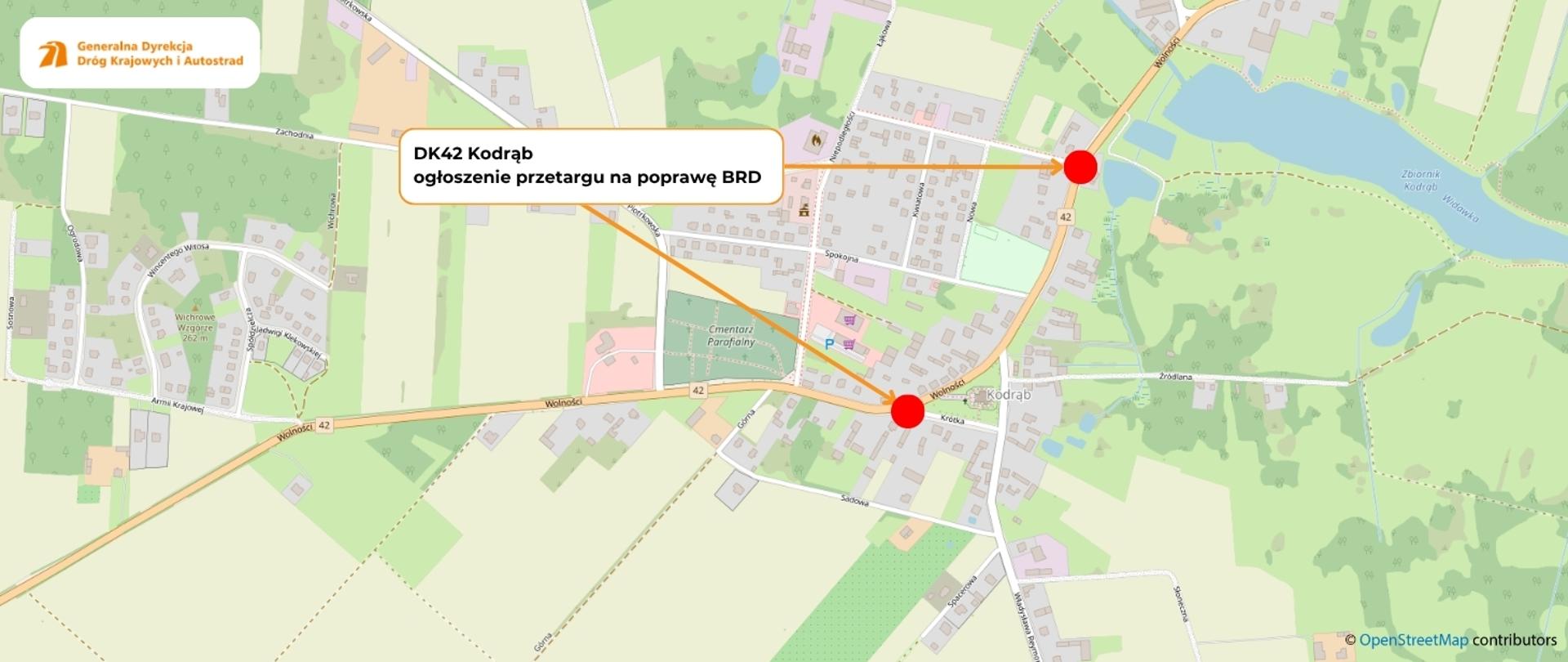 Mapa Kodrębu z zaznaczonymi planowanymi przejściami dla pieszych 