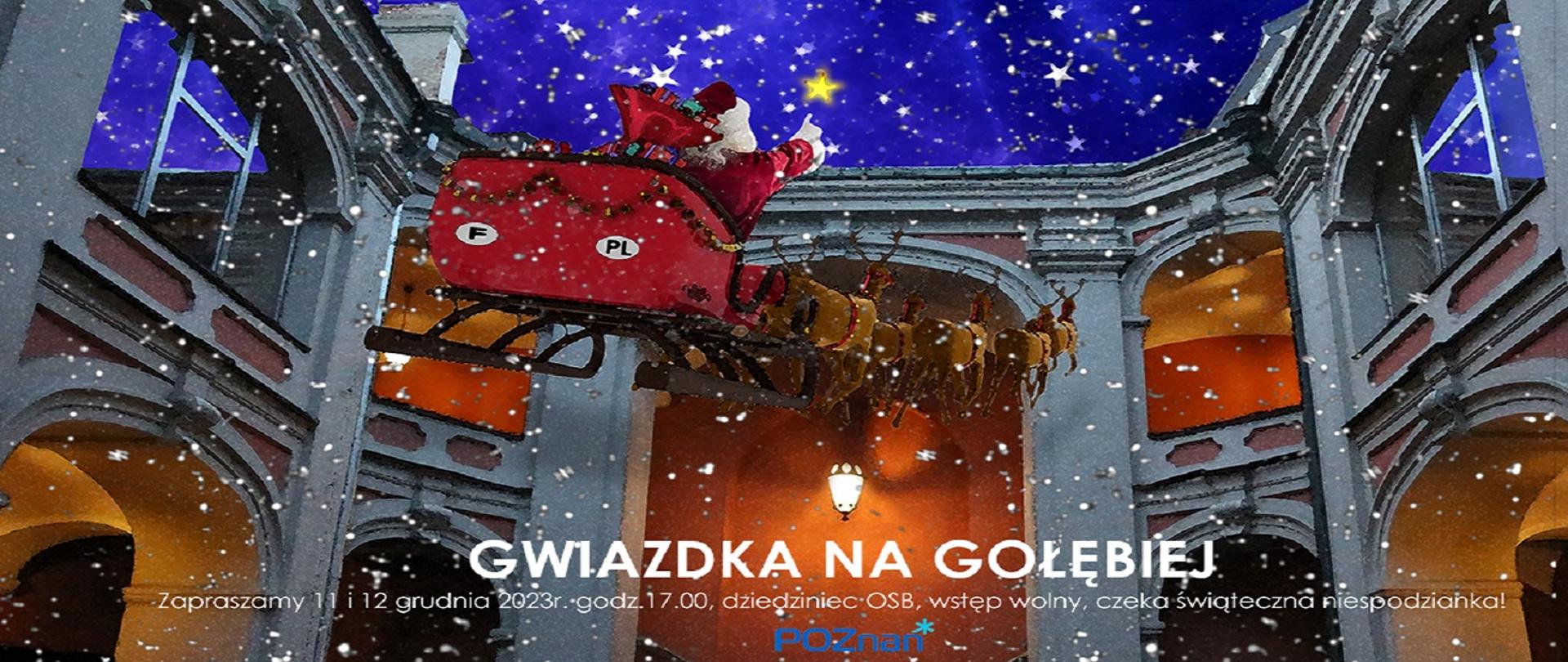 Na tle dziedzińca szkoły i rozgwieżdżonego nieba, w powietrzu czerwone sanie i renifery