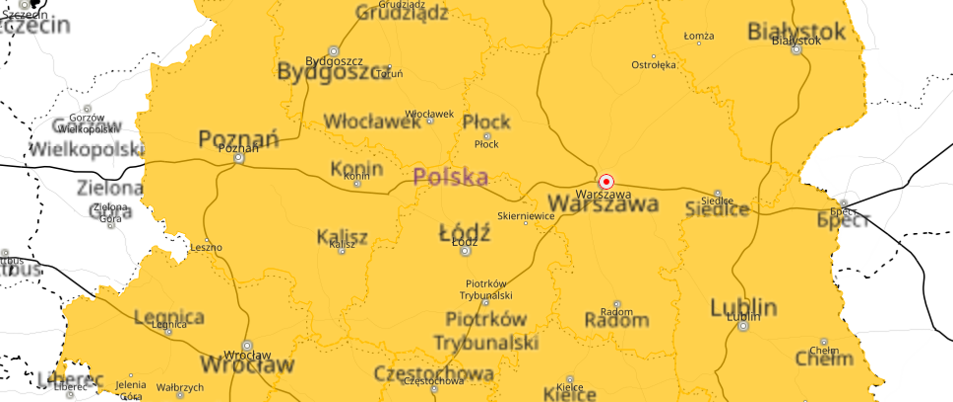 Zdjęcie przedstawia mapę ostrzeżeń meteo wydaną przez IMGW. Kolorem żółtym zaznaczono niemal wszystkie województwa w całej Polsce.