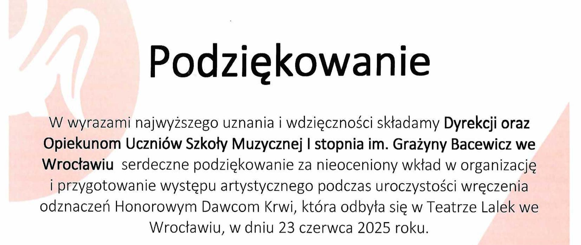Na biało-czerwony tle tekst z podziękowaniem za występ artystyczny podczas wręczenia odznaczeń Honorowym Dawcą Krwi.