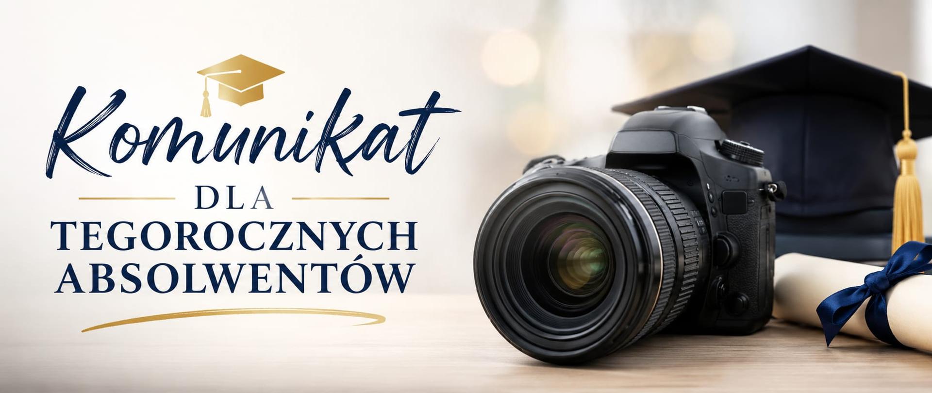 [11:18, 25.05.2026] Monika Albecka: 0e117cefdb96f
[11:19, 25.05.2026] Monika Albecka: Pozioma grafika informacyjna dla absolwentów. Po prawej stronie znajduje się profesjonalny aparat fotograficzny ustawiony obok biretu i dyplomu przewiązanego granatową wstążką. Po lewej stronie umieszczono napis „Komunikat dla tegorocznych absolwentów” w eleganckiej granatowo-złotej typografii. Tło jest jasne, minimalistyczne i lekko rozmyte, nadające całości nowoczesny i uroczysty charakter.